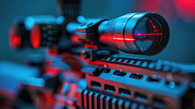Sniper rifle with red scope and green laser sight.