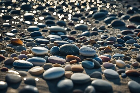 A close-up of pebbles on a tranquil beach, washed by gentle waves