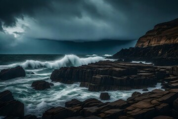 A rocky coastline with waves breaking against the cliffs under a stormy sky. 