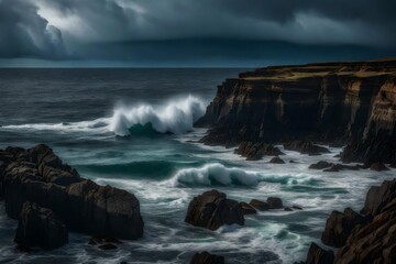 A rocky shoreline with waves crashing against the cliffs under a stormy sky 