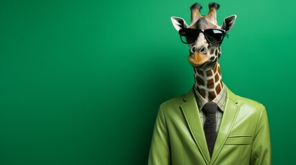 Giraffe Wearing Green Suit and Black Glasses Stands in Front