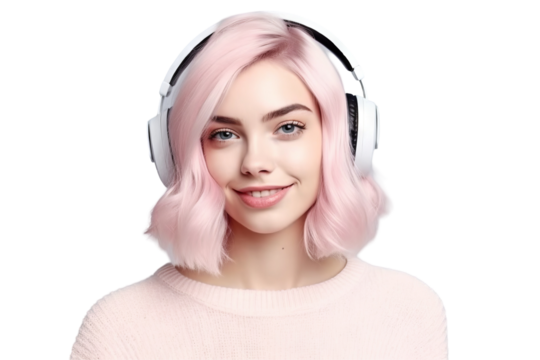 A beautiful girl with pink hair and headphones smiles while looking at the camera. Concept: listening to music and audio,