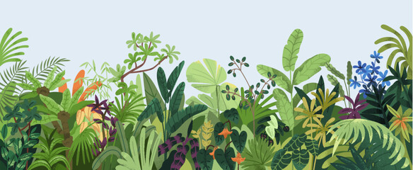 Nature background. Tropical green leaves, exotic plants, flowers, botanical border, floral banner, card design. Leaf greenery, lush garden, wild thickets, botany pattern. Flat vector illustration - 757819609