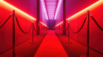 Presentation with red carpet Red Event Carpet, Stair and Gold Rope Barrier Concept of Success and Triumph. - obrazy, fototapety, plakaty