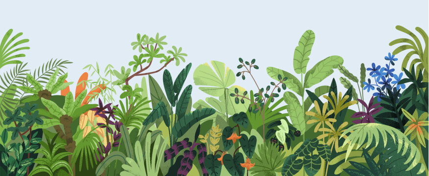 Nature background. Tropical green leaves, exotic plants, flowers, botanical border, floral banner, card design. Leaf greenery, lush garden, wild thickets, botany pattern. Flat vector illustration