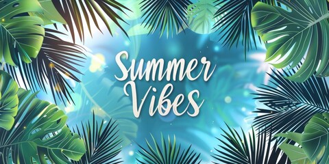 Fototapeta na wymiar Summer Vibes. Web Banner Featuring Tropical Palm Trees and Leaves, Evoking the Essence of Summer.