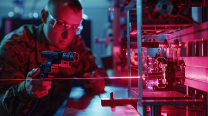 Fototapeta na wymiar Soldier aligning high-precision equipment with laser in a dark lab.