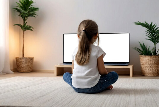 Rear view of little girl kid 5-6 year old watching laptop in child room looking on empty isolated screen. Adorable girl child education online at home. Childhood education concept. Copy ad text space
