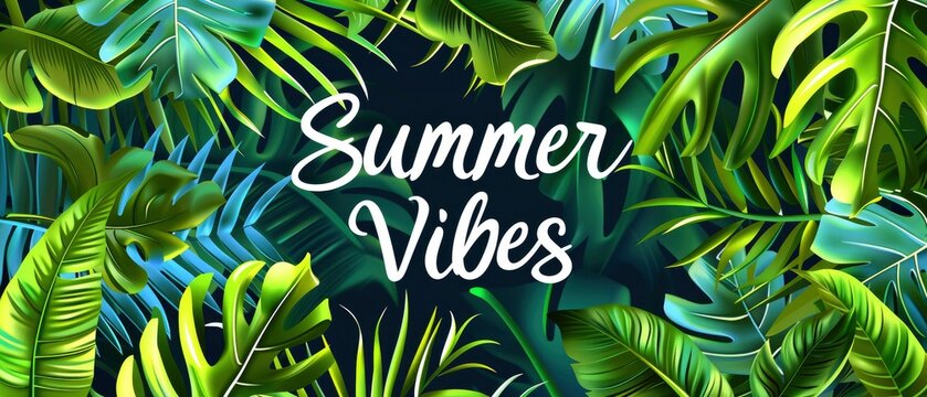 Summer Vibes. Web Banner Featuring Tropical Palm Trees and Leaves, Evoking the Essence of Summer.