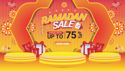 Banner Ramadan mubarak sale orange 3d text editable social media background 4