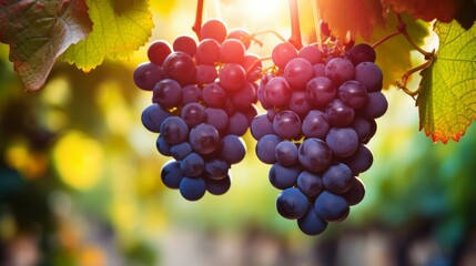 Macro close up of ripe grapes hanging on vineyard branch with natural background setting. - obrazy, fototapety, plakaty