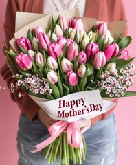 Flowers bouquet spring tulips card holiday with the text Happy Mother’s Day
