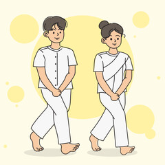 Obraz premium Man and women meditating in white clothes cartoon character hand draw art illustration