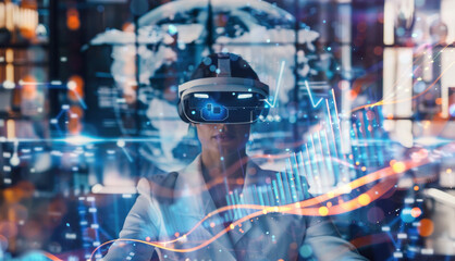 Virtual reality with VR glasses, woman using augmented reality for data visualization in the cyberspace