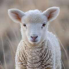 Obraz premium A young sheep lamb in a rural farm setting, peacefully grazing in the countryside. It can be used to depict agriculture or the beauty of nature.