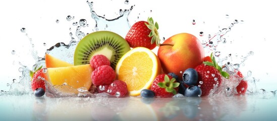 A splash of water is on top of a table with a variety of fruits including apples