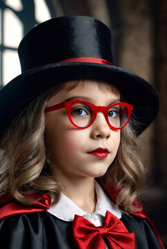 Portrait of vampire in cloak, top hat and blood glasses in underground castle room, looking at camera. Cover girl child actress in Dracula image indoors. Theatre performing concept. Copy ad text space