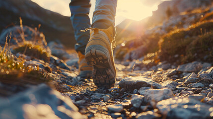 Hiker’s Boots on Mountain Trail at Sunset. a close-up shot of their left foot from the ground. a...