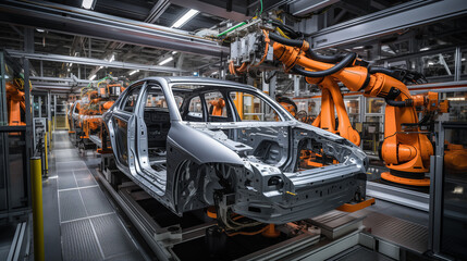 Car Body Welding by Robots in Modern Factory