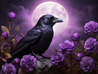 Mysterious and Magical Black Crow on Purple Flowers with Full Moon - obrazy, fototapety, plakaty