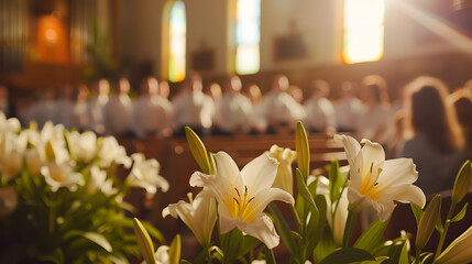 A church service on Easter Sunday, with details of the congregation's joy, the choir singing, and the Easter lilies. They wearing Easter-themed clothing.