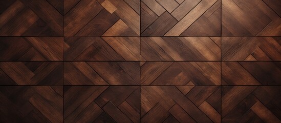 A closeup shot of a brown hardwood wall with a geometric pattern of rectangles and triangles. The tints and shades create a symmetrical flooring design