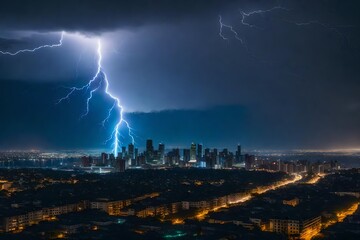 Naklejka premium A stunning lightning storm over a silhouetted metropolis skyline. 