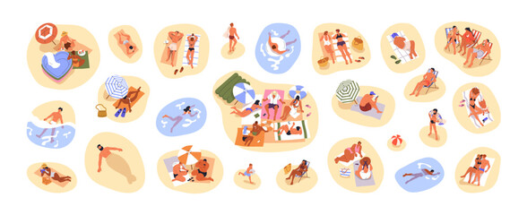People relaxing at summer beach set. Tiny characters at sea resort, sunbathing on sand, swimming in water on holiday, vacation, top view. Flat graphic vector illustrations isolated on white background