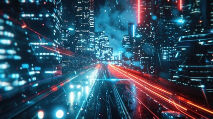 Futuristic cityscape with neon lights and laser beams.