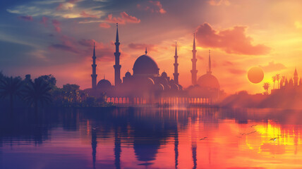 The tranquil silhouette of a mosque against the backdrop of a stunning sunset, enveloping the scene in a sense of calm and spirituality, a serene Islamic Ramadan background. - obrazy, fototapety, plakaty