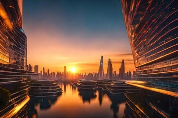 A futuristic floating metropolis with sleek architecture and a colorful sunset.
