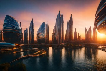 Obraz premium A futuristic floating metropolis with clean structures against a vivid sunset.