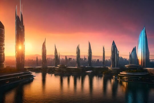 A futuristic floating city with sleek architecture against a vibrant sunset