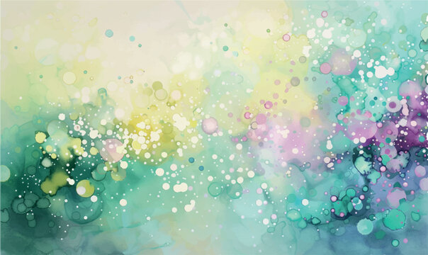 abstract watercolor green yellow pink background with bubbles