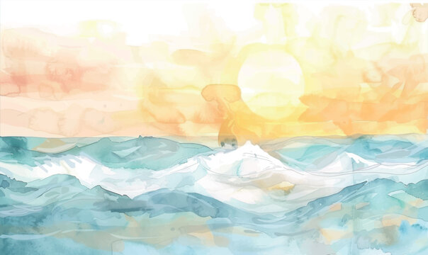 abstract watercolor background with sea and sun