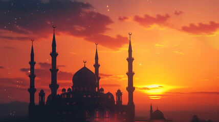 A majestic mosque silhouette set against a stunning sunset sky—a tranquil Islamic Ramadan backdrop. - Powered by Adobe