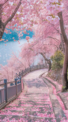 Blooming vibrant pink sakura trees in a garden park. Spring time concept. Winding pathway through a tranquil Japanese garden with cherry blossoms in bloom. Vertical Banner