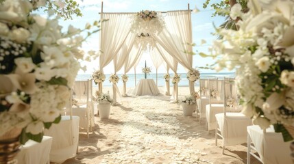 Fototapeta premium Beach wedding setup with white canopy and floral decoration.
