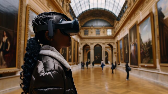 Woman in the museum wearing VR glasses