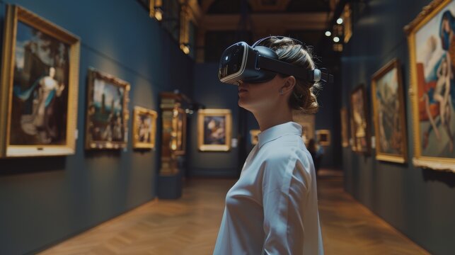 Woman in the museum wearing VR glasses