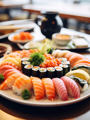 Vibrant sushi assortment on a plate, colorful culinary delight, blurry background
