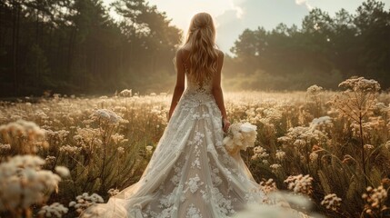 Bride in a white lace wedding dress holding a bouquet in a field at sunset