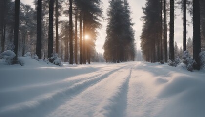 Obraz premium Wide shot of a road fully covered by snow with pine trees on both sides