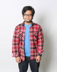 an Asian man standing with a friendly smiling expression on a white background