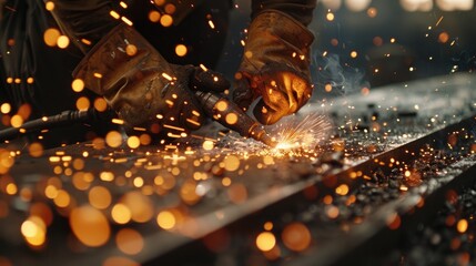 Industrial worker working with arc welding machine to weld steel in factory