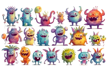 Fotobehang Monster monsters Set happy isolated white cartoon colorful watercolor cute