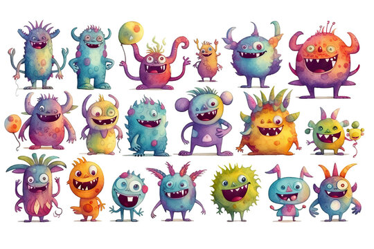 monsters Set happy isolated white cartoon colorful watercolor cute