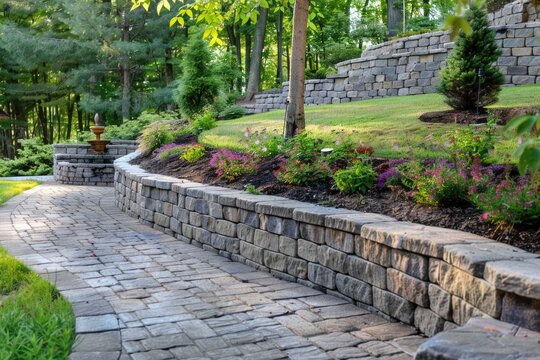 Landscaped backyard with stone retaining walls and a variety of plants.