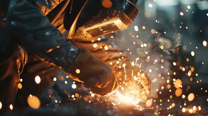 Industrial worker working with arc welding machine to weld steel in factory - obrazy, fototapety, plakaty