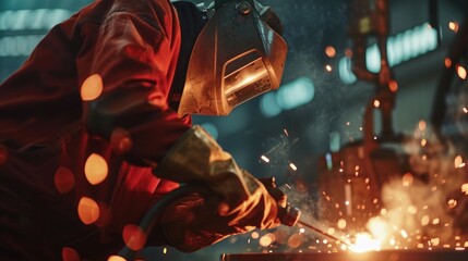Industrial worker working with arc welding machine to weld steel in factory